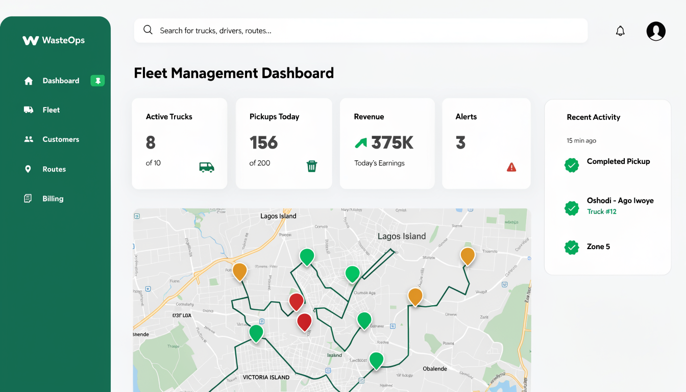 WasteOps fleet management dashboard showing active trucks, pickup metrics, revenue, alerts, and a live map of Lagos