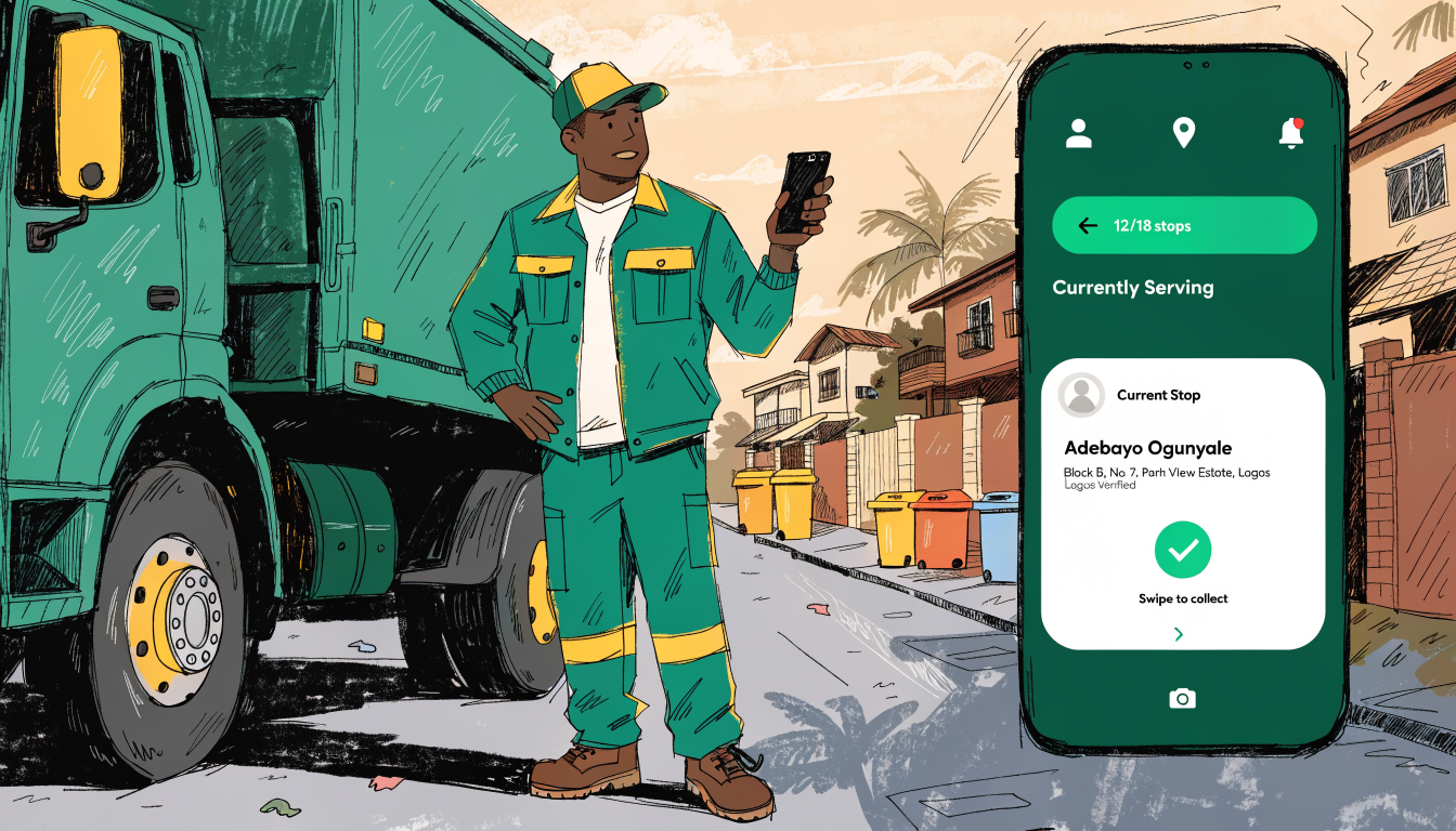 Waste collection driver using WasteOps mobile app at a pickup stop in a Nigerian neighborhood