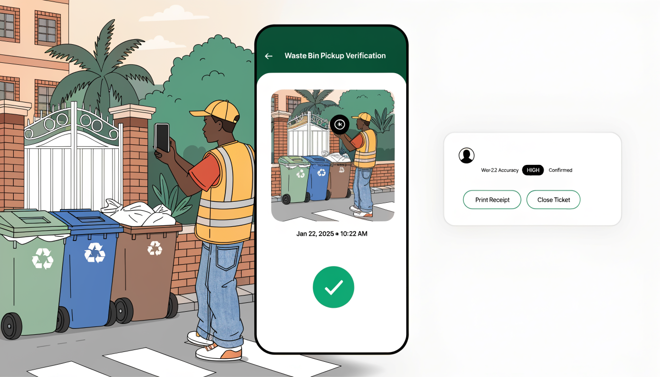 Waste collection driver verifying pickup with phone camera and GPS coordinates