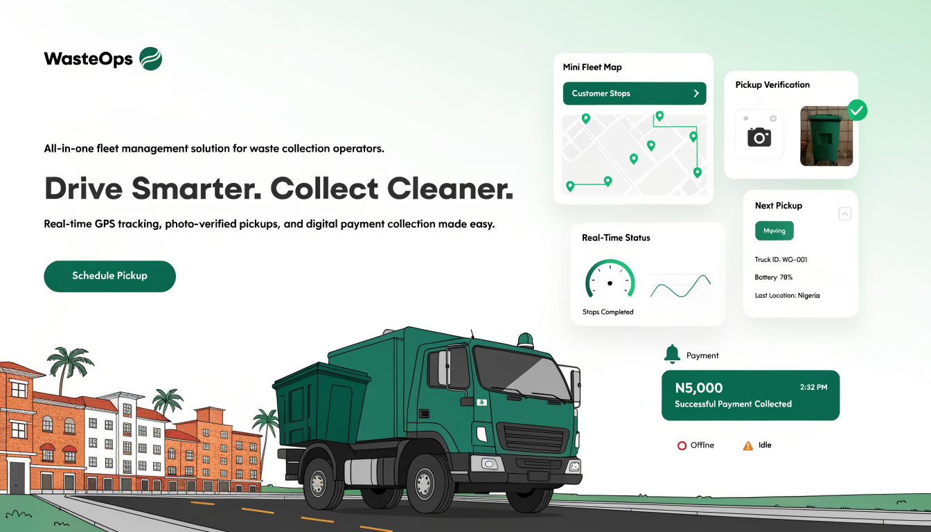 WasteOps fleet management dashboard showing truck tracking, pickup verification, and payment collection
