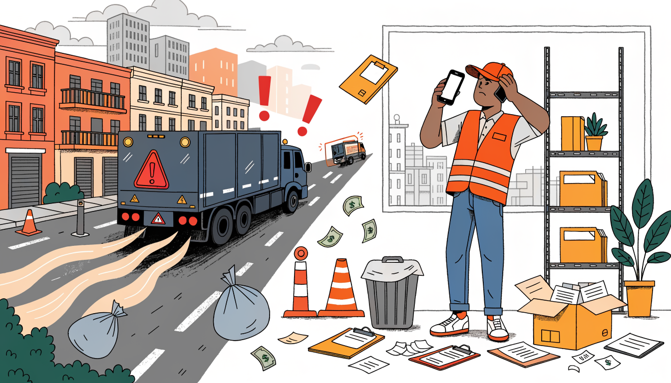 Illustration showing chaotic waste collection without fleet management — ghost pickups, lost revenue, no GPS tracking